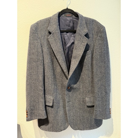 Vintage English Manor Blue/ Grey Blazer Jacket Brown Buttons  Size 44R 100% Wool - Picture 1 of 9